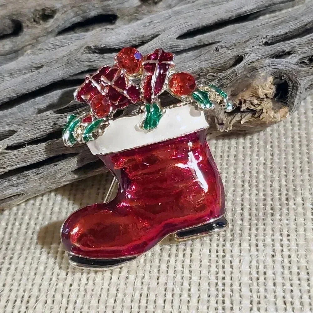 Y2K 90s Christmas Stocking Boot Rhinestone Enamel Christmas Sweater Pin Brooch - Picture 6 of 6